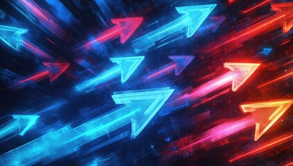 Poster - Abstract background with neon arrows on dark blue and red colors. glowing lines for design, digital display, or virtual show in the night club