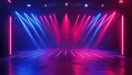 Poster - Abstract background with neon arrows on dark blue and red colors. glowing lines for design, digital display, or virtual show in the night club