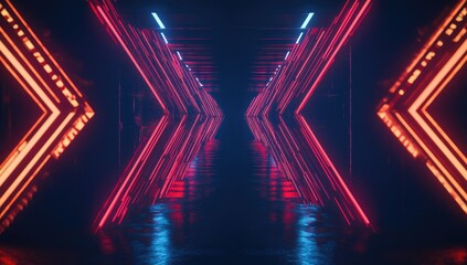 Poster - Abstract background with neon arrows on dark blue and red colors. glowing lines for design, digital display, or virtual show in the night club