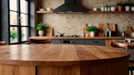 kitchen table background, wood counter top on blur of white clean abstract home interior with bokeh. used for display or montage your wooden for dining background. table banner