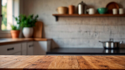 kitchen table background, wood counter top on blur of white clean abstract home interior with bokeh. used for display or montage your wooden for dining background. table banner