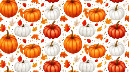 Autumn themed seamless pattern featuring orange and white pumpkins with colorful leaves ideal for fabric design and seasonal decor