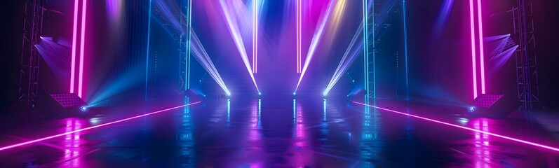 Wall Mural - Background of empty stage show. Neon light and laser show. Laser futuristic shapes on a dark background. Abstract dark background with neon glow. 