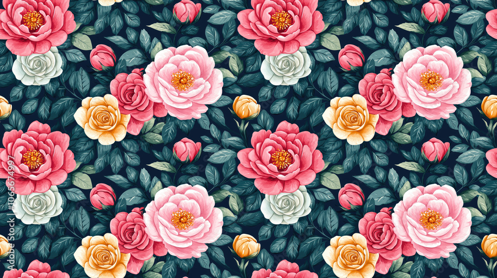Seamless pattern featuring hand drawn pink roses peonies and green ...