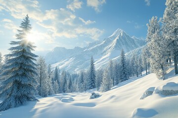 Winter snow covered fir trees on mountainside on blue sky with sun shine background  Winter