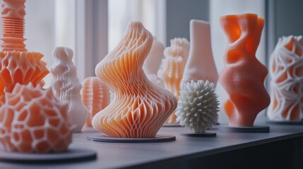 Poster - A collection of intricate 3D-printed sculptures displayed on a table.