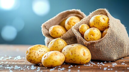 Image of two burlap sacks filled with freshly harvested potatoes sitting on a wooden table, showcasing the direct relationship between local farmers and consumers in the farm to table movement.