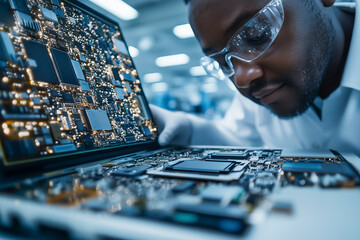 Poster - A skilled technician closely inspects intricate circuit board details under artificial lighting in a lab