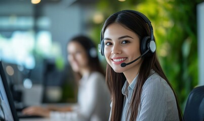 Aufkleber - A young woman wearing a headset smiles at the camera while working at a computer in an office.