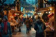 © spyrakot - Festive Holiday Market with Cheerful Shoppers and Decorative Lights for Seasonal Celebration
