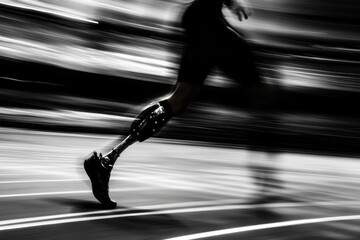 Poster - An athlete skillfully races on a track, demonstrating agility and resilience while using a prosthetic leg in a dynamic fast-paced setting. Generative AI