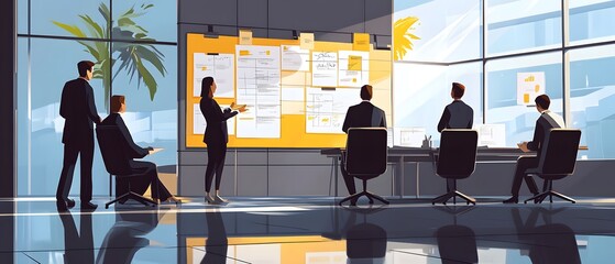 Poster - A business team collaborates in a modern office, brainstorming ideas and strategies with a presentation board in view.