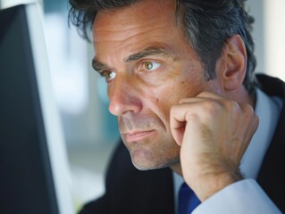 Businessman in a blazer, close-up smiling confidently, with office in the background