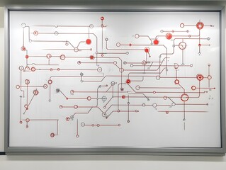 Poster - Abstract circuit design on a whiteboard, featuring intricate lines and colorful nodes, ideal for technology and innovation themes.