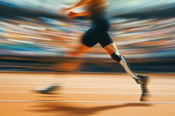 Poster - An athlete with a prosthetic leg races swiftly along the track, showcasing determination and skill during a competitive event. Generative AI