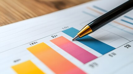Poster - Close-up of colorful bar chart with a pen, showcasing data analysis and business trends on paper for professional use.