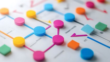 Poster - Colorful abstract flowchart with circles and arrows on a soft background, representing ideas and processes visually.