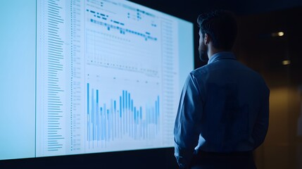Poster - Professional analyzing data trends on a large screen for effective decision-making in a modern office environment.