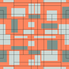 Fototapete - Modern geometric abstract seamless pattern. Contrasting black grid and overlapping green and gray rectangles on a bright orange background.