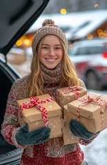 Young woman in winter clothing loading holiday gifts into SUV trunk