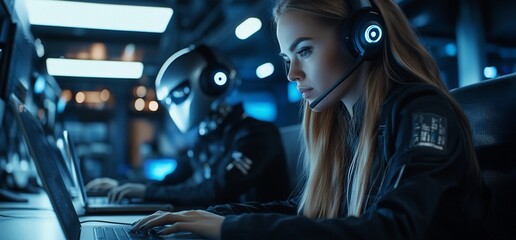 Aufkleber - Young woman in headset works on a laptop in a futuristic office with a robot in the background.