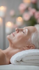 Poster - Woman relaxes on a spa massage table, eyes closed in serene luxury. Candles and towels add to her calm, capturing self care and pampering