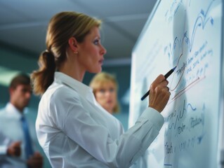 Close-up of a businesswoman writing notes during a meeting, showing concentration