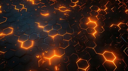 Poster - Abstract hexagonal background with glowing orange lines and dark texture, creating a futuristic and dynamic appearance.