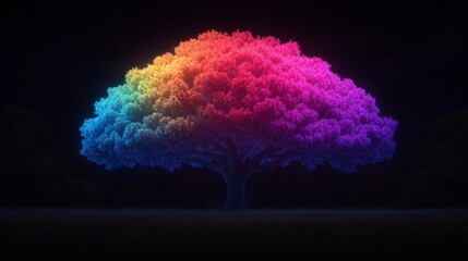 A vibrant, glowing tree with rainbow colors against a black background.