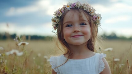 Wall Mural - Girl with flower crown in field