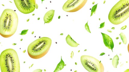 Poster - Sliced Kiwi Fruit, Leaves, and Seeds Falling in Mid-Air