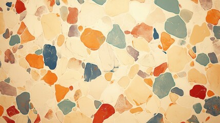 Poster - A vibrant and colorful terrazzo surface with a mix of blue, orange, and cream stones creating a lively pattern.