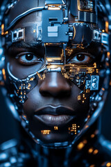Poster - A detailed portrayal of a cyborg's face, featuring glowing circuitry against a dark backdrop