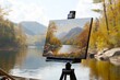 © Natalia - A robot artist creating a vibrant landscape painting in a serene outdoor setting with natural lighting