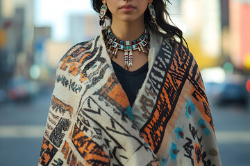 Wall Mural - Close-up of Native American woman in traditional attire with beaded jewelry