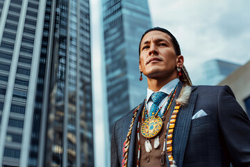 Wall Mural - Native American man in traditional attire and modern business suit against a cityscape backdrop