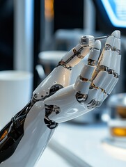 Aufkleber - A robotic prosthetic hand deftly grasps a small object, showcasing advanced technology and precision in a high-tech environment. Generative AI