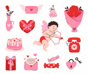 Wall Mural - Set of elements for Valentine's Day. Cupid, flowers, love letters, sweets, gifts, hearts. Flat vector illustration.