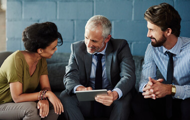 Poster - Office, discussion and business people with research on tablet for investment, help and support. Men, woman and financial advisor with tech on sofa for update on digital portfolio of client insurance