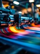 © AI Photo Stock - A close-up of a high-speed printing press in an industrial setting, showcasing the vibrant colors of the printed material as it moves through the machine, symbolizing speed, efficiency, and the power