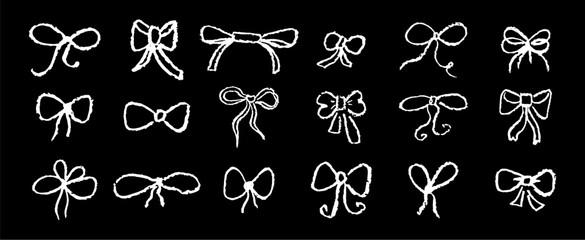 Poster - Set of bows drawing by pastel or charcoal pencil. White chalk bow gift ribbon line simple element on black chalkboard background. Like children's drawing bowknot collection. Vector illustration