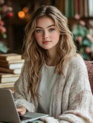 Poster - Young Woman Studying in Cozy Setting with Laptop and Books, Natural Light