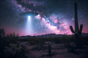 Wall Mural - a ufo descends over a desert landscape beneath a starry sky during twilight hours, highlighting cact