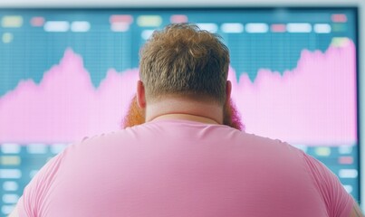 Poster - Plus-Size Man Analyzing Cryptocurrency Trends in Modern Office with Vibrant Display
