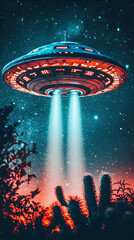 Wall Mural - a glowing spacecraft hovers above cacti under a starry night sky in a remote desert landscape, illum