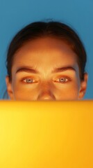 Poster - Woman Focused on Laptop Screen in Warm Light Modern Technology Theme