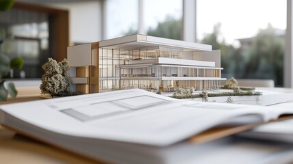 Poster - Architectural model displayed on a table with blueprints, showcasing design and planning.