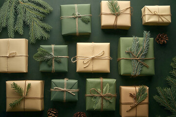 Wall Mural - christmas and zero waste, eco friendly packaging gifts in kraft paper,boxing day, eco christmas holi