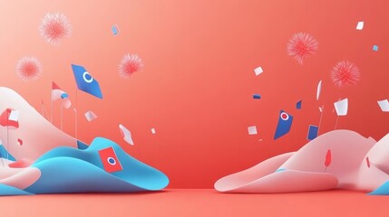 Poster - Abstract 3D Render with Pink and Blue Shapes, Flags, and Fireworks