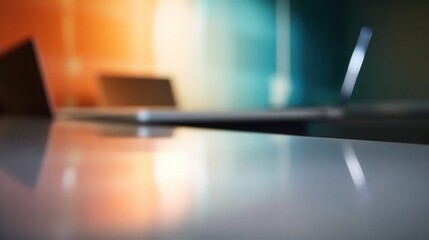 Poster - Modern Workspace with Blurred Laptops and Colorful Background